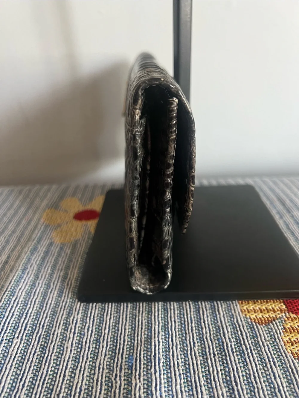 Brahmin Teal and Black Croc-Embossed Fold-Over Clutch